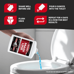 Hand pouring blue liquid from a Roebic Main Line bottle into a toilet with usage icons and instructions above