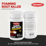 Two Roebic Foaming Root Killer bottles shown with branding and text reading does not contain any copper beneath product name.