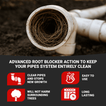 Close-up of a pipe interior clogged with dense tree roots above icons and text about advanced root blocker action.