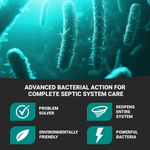 Illustration of bacteria with text and icons describing advanced bacterial action and environmental features for septic care