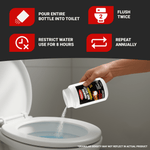 Infographic showing pouring Roebic Foaming Root Killer granules into a toilet with step icons and usage instructions.