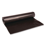 Single roll of glossy black trash bags partially unrolled to show the bag material and edge on a white background.