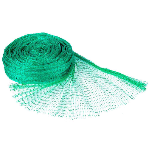 Close-up product photo of a tightly rolled green polyethylene garden net with a portion fanned out to show mesh.