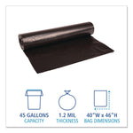 Rolled black trash bag unrolled on white background with blue icons showing 45-gallon capacity, thickness and dimensions.