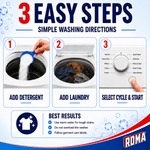 Instructional infographic titled "3 Easy Steps" showing add detergent, add laundry, and select cycle with best-results tips and Roma branding