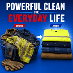 Before-and-after styled image showing heavily soiled work clothes and a neat folded stack illustrating powerful clean