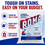 Marketing image showing Roma detergent bag with icons and text: tough on dirt & stains, heavy-duty powder, great value for families