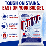 Marketing graphic showing ROMA laundry detergent bag alongside icons and text highlighting tough-on-stains and value
