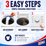 Instructional infographic titled "3 easy steps" with images showing adding detergent, adding laundry, and selecting cycle