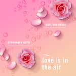 Decorative pink background with rose petals and bubbles plus text calling out ‘pink rose petals’ and ‘champagne spritz’