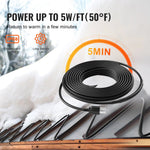 Coiled black roof heating cable laid over metal roof with snow, text noting power up to 5W/ft and 5min warm up