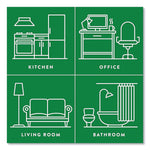 Green infographic with white line icons for kitchen, office, living room and bathroom labeled for room use