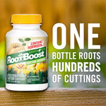 RootBoost rooting hormone bottle beside bold text reading one bottle roots hundreds of cuttings