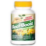 White plastic bottle of RootBoost rooting hormone with yellow cap and floral label