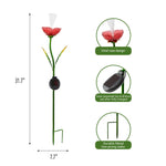Diagram-style image showing full rose garden stake with dimensions and three circular callouts highlighting design and solar panel