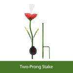 Disassembled view showing the red rose-topped garden stake and separate two-prong metal ground stake on white background