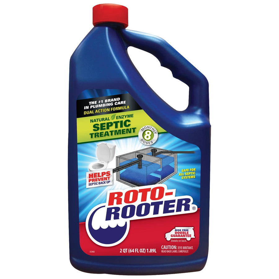 Blue Roto-Rooter plastic jug with red cap labeled Natural Enzyme Septic Treatment and ROTO-ROOTER branding
