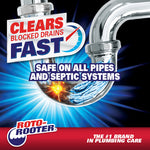 Graphic of a chrome P-trap with text "Clears blocked drains fast" and "Safe on all pipes and septic systems" plus Roto-Rooter logo