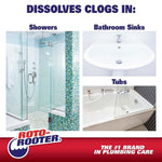 Promotional graphic reading "Dissolves Clogs In:" with photos of a shower, bathroom sink and tub plus Roto-Rooter logo