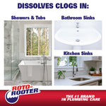Promotional image showing "Dissolves Clogs In:" with photos of a tub, bathroom sink and kitchen sink and Roto-Rooter branding