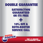 Silver and red promotional panel stating a double guarantee and 10% off a Roto-Rooter service call with brand logo