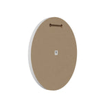 Angled view of a round plaque showing brown hardboard back with keyhole-style hanging slot and white painted side