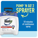 Product callout showing top of Roundup Pump 'N Go 2 unit with text '10 minutes of continuous spray' on blue background