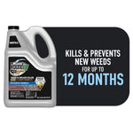 Gray Roundup Dual Action 365 refill jug displayed next to bold text claiming it kills and prevents weeds for 12 months.