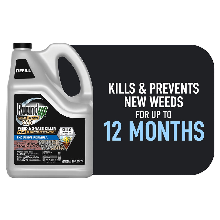 Gray Roundup Dual Action 365 refill jug displayed next to bold text claiming it kills and prevents weeds for 12 months.