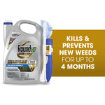 Roundup Dual Action 1-gallon jug with attached blue spray wand and promotional text panel