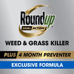 Roundup Dual Action logo on silver background with 'Weed & Grass Killer' and '4 Month Preventer' text