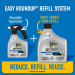 Refill system graphic showing reusable Roundup applicator on left and refill jug on right with slogan ‘Reduce. Refill. Reuse.’
