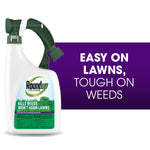 Roundup For Lawns ready-to-spray bottle with green spray handle and text panel on purple background
