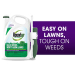 Roundup for Lawns ready-to-use 1-gallon container with attached green wand and purple panel reading 'Easy on lawns, tough on weeds'.