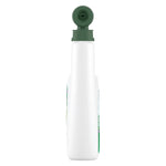 Top-down narrow side view of a white Roundup For Lawns spray bottle with green nozzle cap