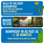 Blue infographic panel with Roundup branding claims: "Kills to the root guaranteed" and usage photos for flower beds, driveways, trees, fences