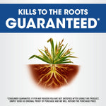 Illustration of a plant and roots below a banner that reads “KILLS TO THE ROOTS GUARANTEED” with small guarantee text below.