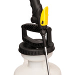 Top of Roundup sprayer showing black threaded lid, handle and yellow trigger on wand
