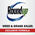 Large Roundup logo above bold text reading “WEED & GRASS KILLER” with a red banner stating “EXCLUSIVE FORMULA.”