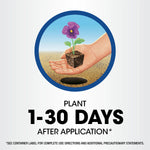 Hand holding a small flowering plant above a hole with text below stating “PLANT 1-30 DAYS AFTER APPLICATION.”