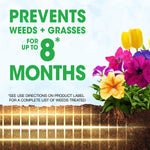 Promotional graphic showing flowers and soil grid with text 'Prevents weeds + grasses for up to 8 months'