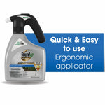 Roundup spray bottle with ergonomic black QuickHand applicator shown against blue panel reading ‘Quick & Easy to use Ergonomic applicator’