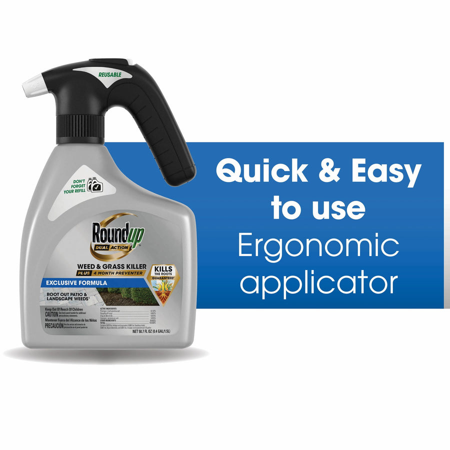 Roundup spray bottle with ergonomic black QuickHand applicator shown against blue panel reading ‘Quick & Easy to use Ergonomic applicator’