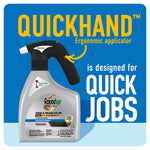 Roundup Dual Action bottle with black reusable QuickHand applicator pictured beside bold text ‘QUICKHAND is designed for QUICK JOBS’
