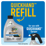 Roundup QuickHand refill bottle and sprayer graphic on blue background with large text “QUICKHAND REFILL” and arrow