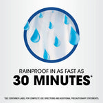 Graphic of blue water droplets inside a circle with large text below stating “RAINPROOF IN AS FAST AS 30 MINUTES.”