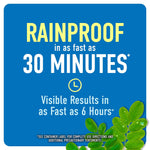 Blue graphic stating "Rainproof in as fast as 30 minutes" with smaller text about visible results and a leafy sprig at bottom