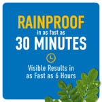 Blue promotional graphic reading ‘Rainproof in as fast as 30 minutes’ with smaller text about visible results and a leafy plant corner accent