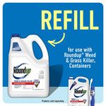 Roundup refill jug shown with large headline "REFILL" and smaller text indicating use with Roundup weed & grass killer containers