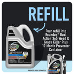 Roundup refill jug at left with large headline 'REFILL' and instructions to pour into the Dual Action 365 container, products sold separately.